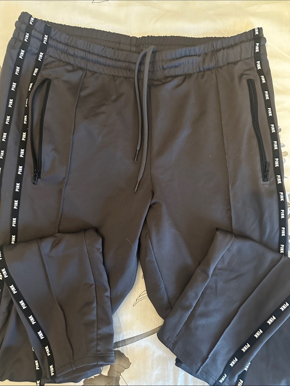 PINK Victoria's Secret Black Jogger Pants with Branded Side Tape and zip ankle.